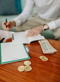 Person writing in a notebook with cash and coins on a wooden table, planning finances.